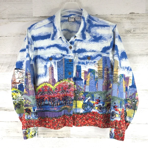 TAKE TWO Colorful Cityscape Denim Jacket WOMENS SIZE LARGE W/POCKETS 100% COTTON - Picture 4 of 16